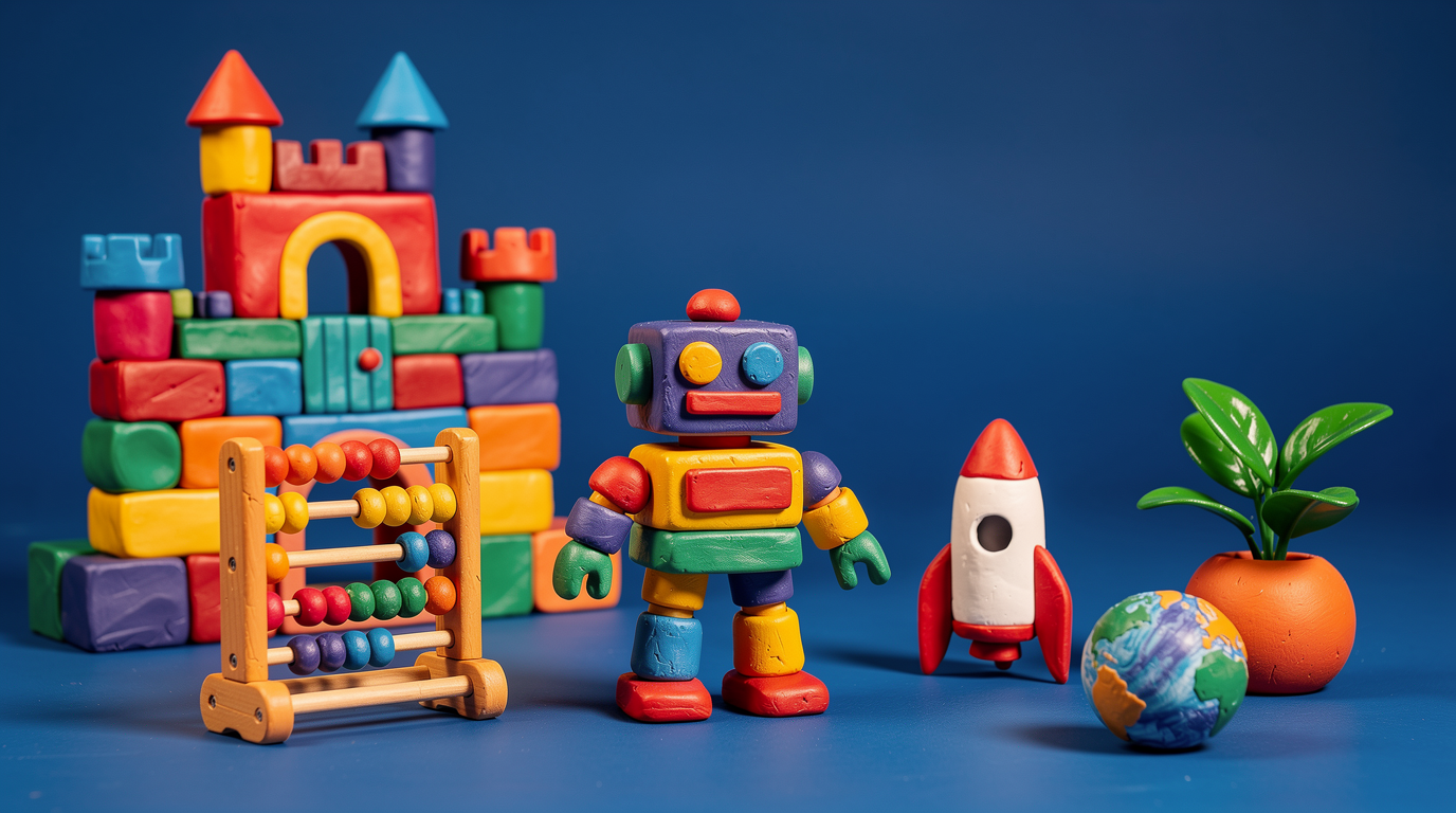Knetfiguren: Roboter, Bausteinburg, Abakus, Rakete, Planet und Pflanze